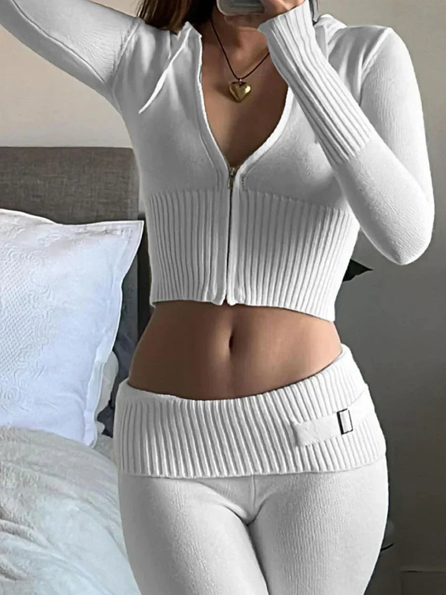 Ribbed Knit Two-Piece Set | Cropped Hoodie & High-Waisted Pants | Comfy & Stylish