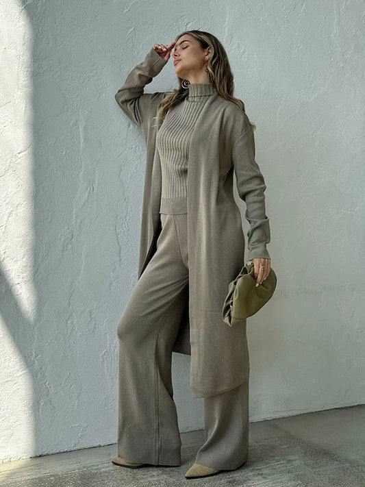 Taupe 3-Piece Knit Set | Ribbed Turtleneck, Wide-Leg Trousers & Cardigan | Elegant Loungewear