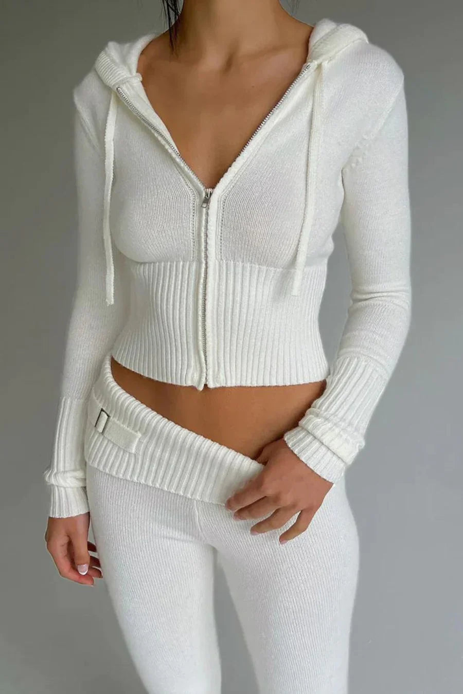 Ribbed Knit Two-Piece Set | Cropped Hoodie & High-Waisted Pants | Comfy & Stylish