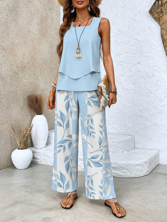 Light Blue Layered Top and Leaf Print Pants Set | Summer Breeze | Effortlessly Chic