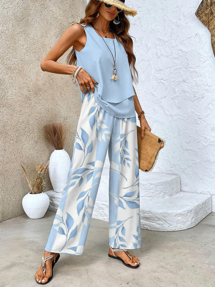 Light Blue Layered Top and Leaf Print Pants Set | Summer Breeze | Effortlessly Chic