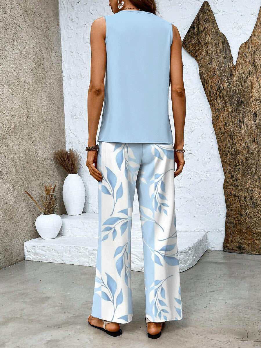 Light Blue Layered Top and Leaf Print Pants Set | Summer Breeze | Effortlessly Chic