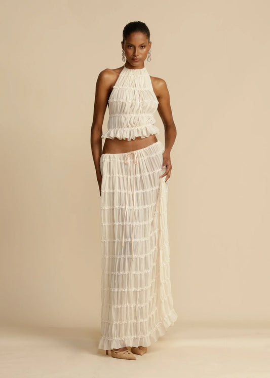 Two-Piece Ruffle Set | Halter Neck and Maxi Skirt | Light and Elegant