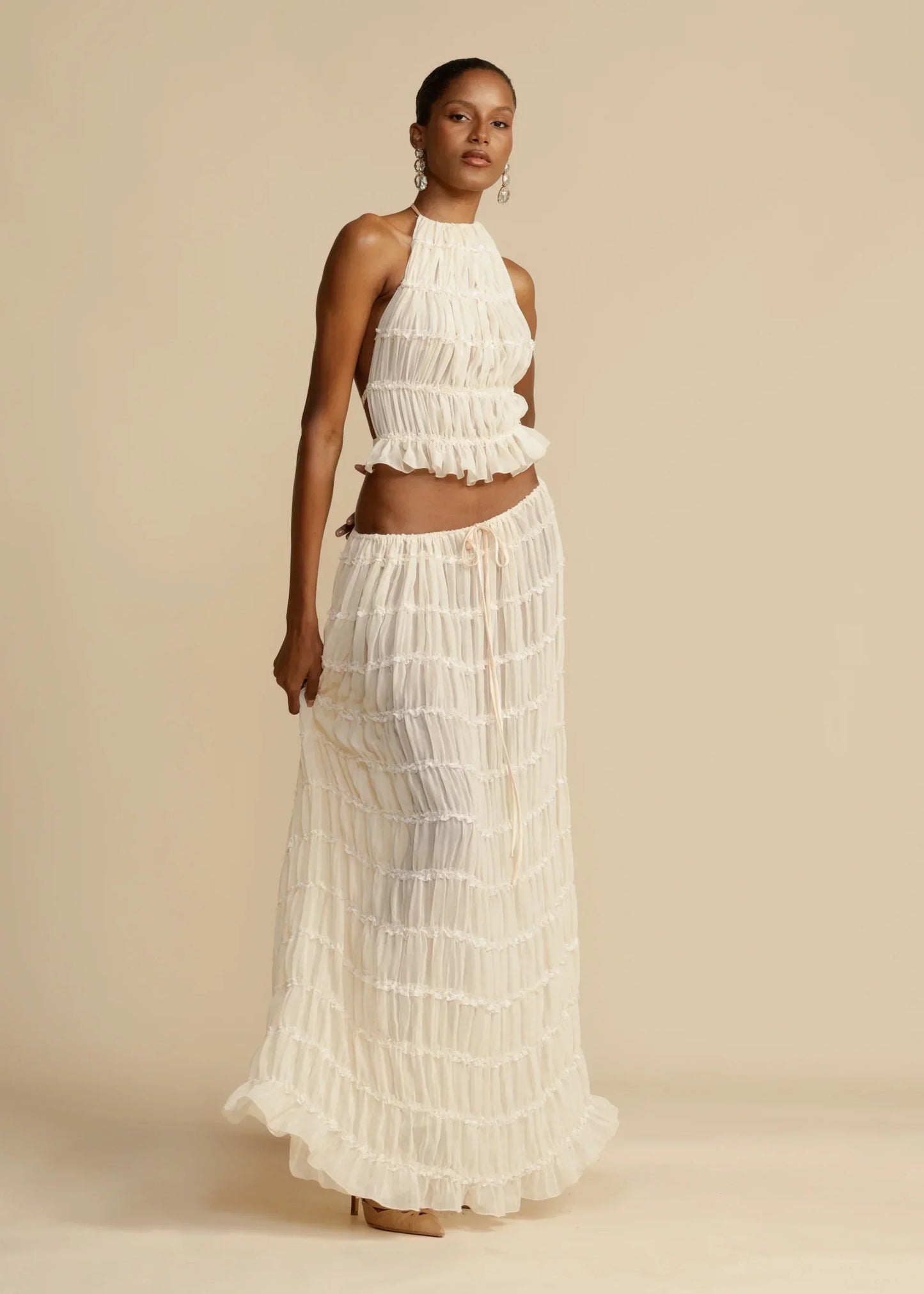 Two-Piece Ruffle Set | Halter Neck and Maxi Skirt | Light and Elegant