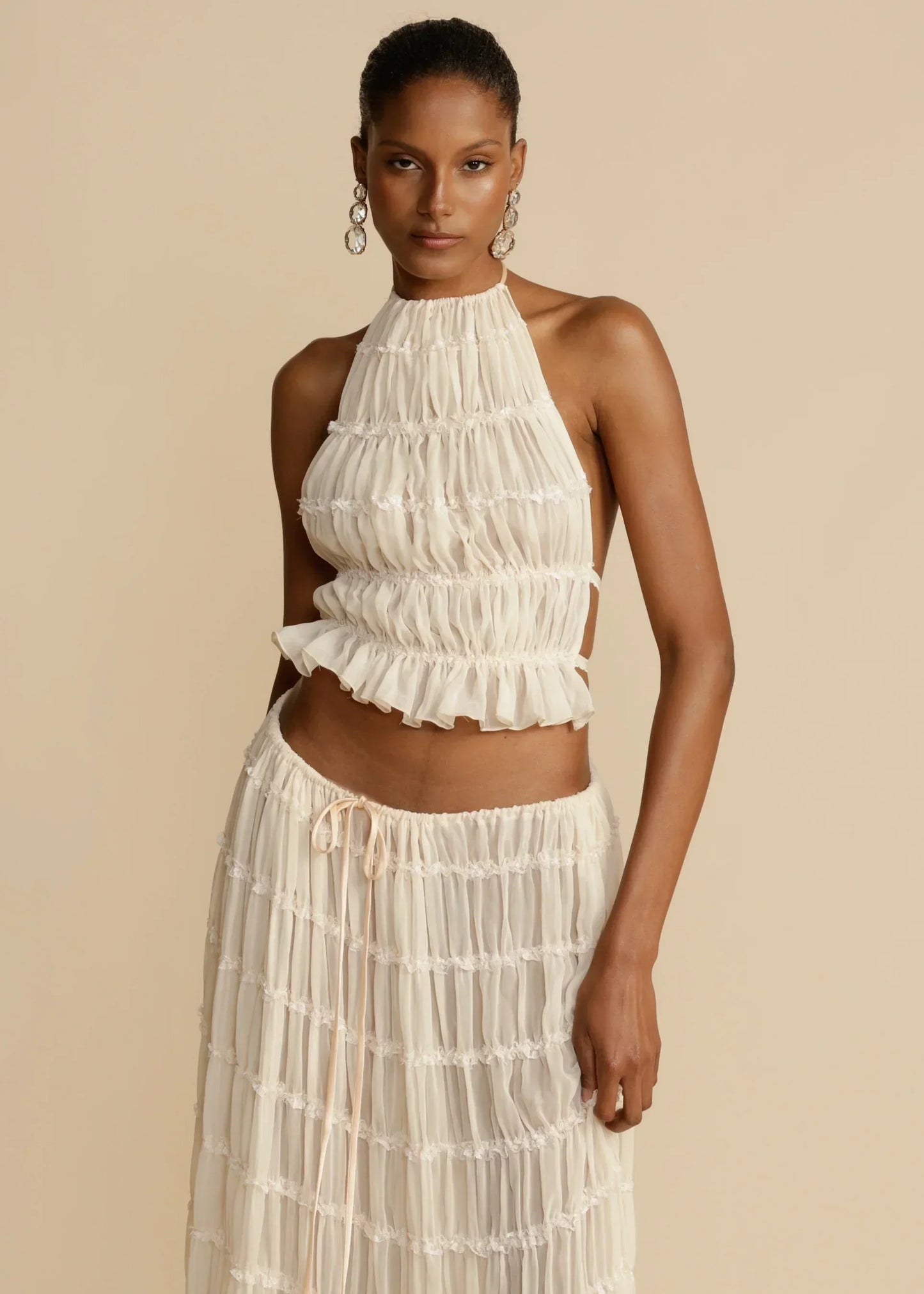 Two-Piece Ruffle Set | Halter Neck and Maxi Skirt | Light and Elegant