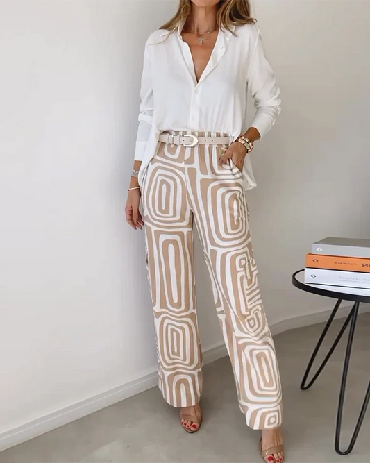 White Button-Up Shirt and Beige Geometric Print Pants | Effortless Elegance | Modern Chic