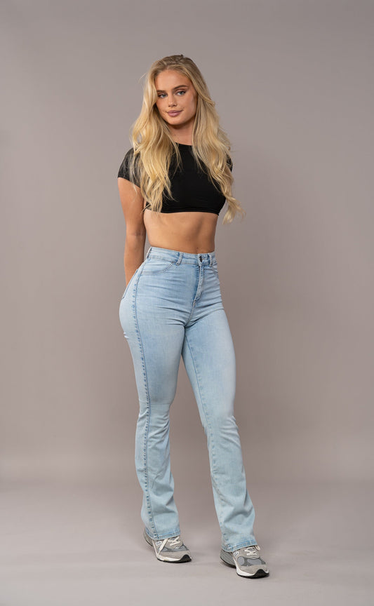 High-Waisted Flared Jeans | Light Wash Denim | Comfortable Stretch