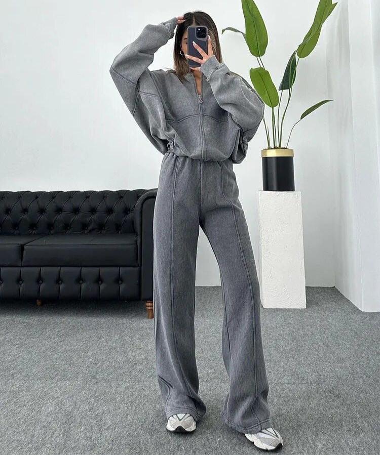 Zip-Up Sweatshirt and Wide-Leg Pants Set | Casual and Chic | Relaxed Fit