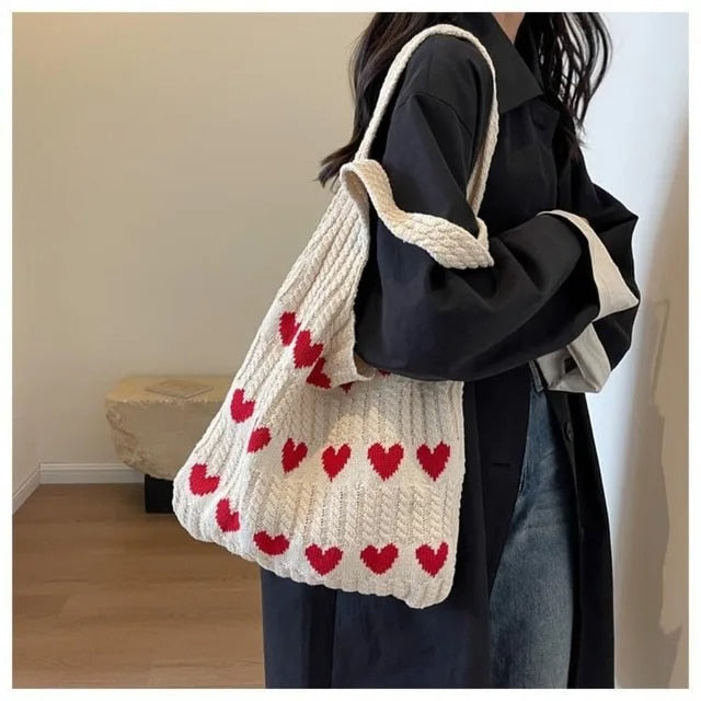 Knitted Heart Tote Bag | Cute and Functional | Lightweight Design