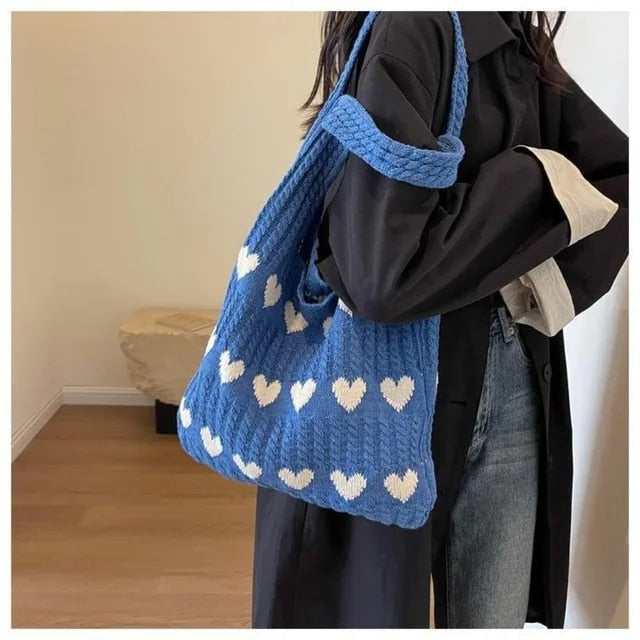 Knitted Heart Tote Bag | Cute and Functional | Lightweight Design