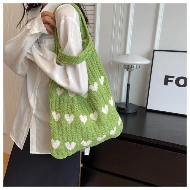 Knitted Heart Tote Bag | Cute and Functional | Lightweight Design