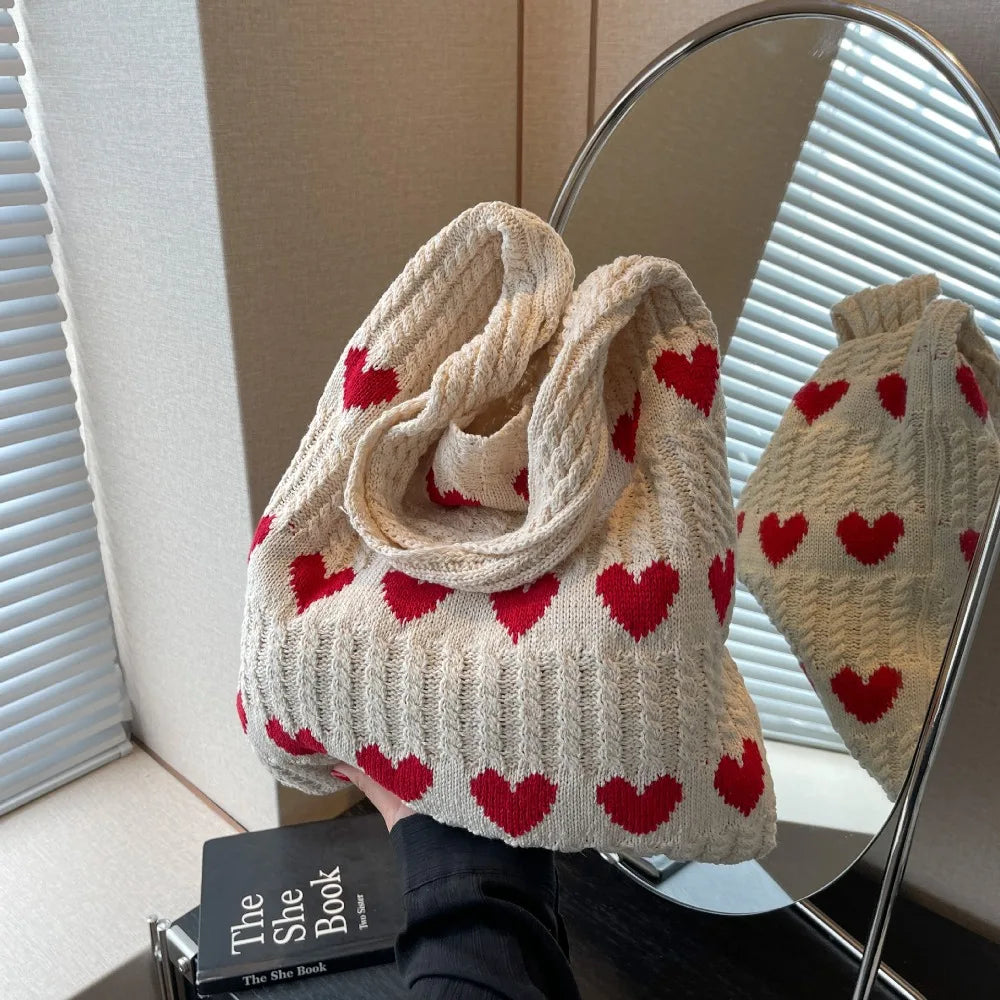 Knitted Heart Tote Bag | Cute and Functional | Lightweight Design