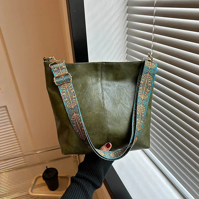 Vintage Faux Leather Shoulder Bag | Stylish and Spacious | Boho Strap Detail