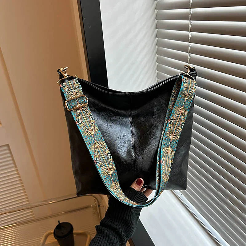 Vintage Faux Leather Shoulder Bag | Stylish and Spacious | Boho Strap Detail