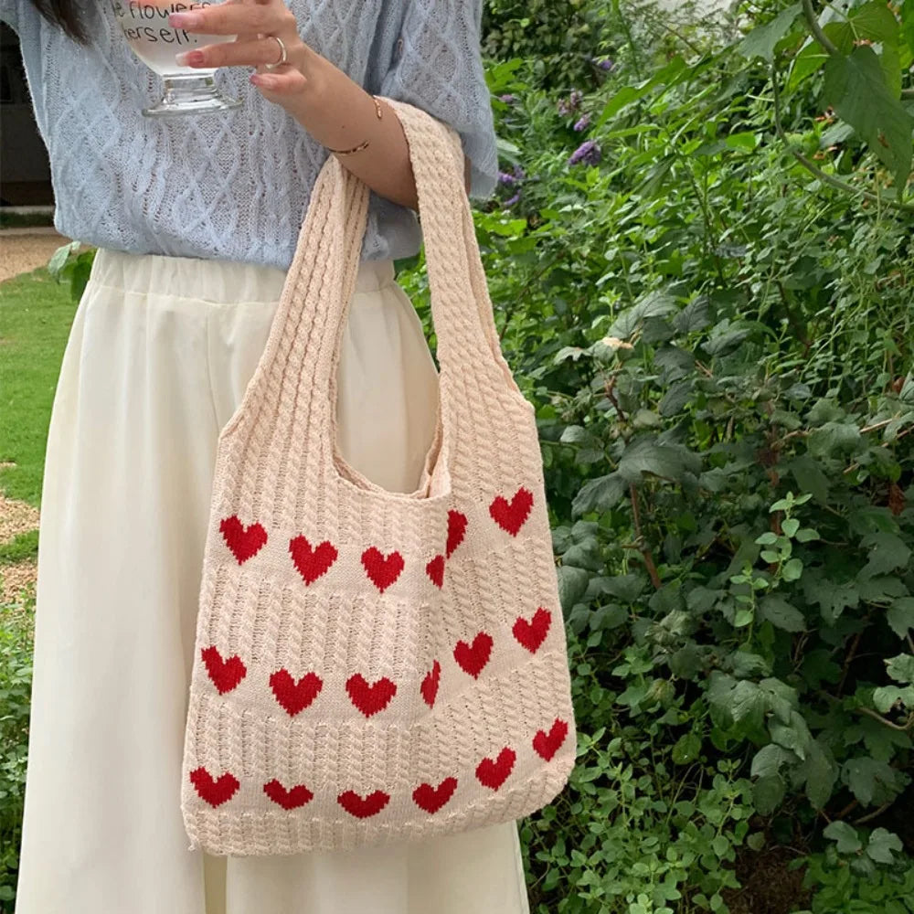 Knitted Heart Tote Bag | Cute and Functional | Lightweight Design