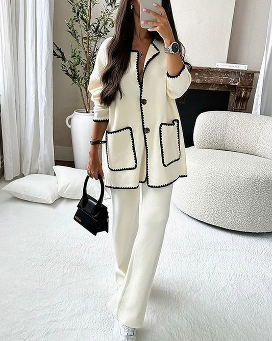 Cream Cardigan & Pants Set | Tailored Knitwear | Contrast Trim Design