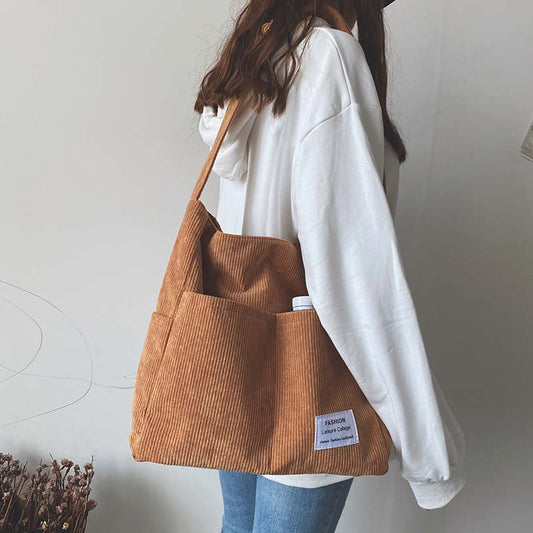 Corduroy Shoulder Tote Bag | Soft and Casual | Trendy and Spacious