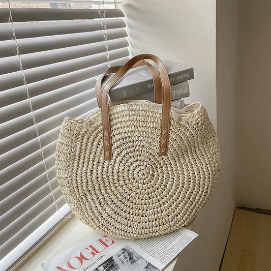 Round Straw Tote Bag | Natural Fiber | Boho and Spacious