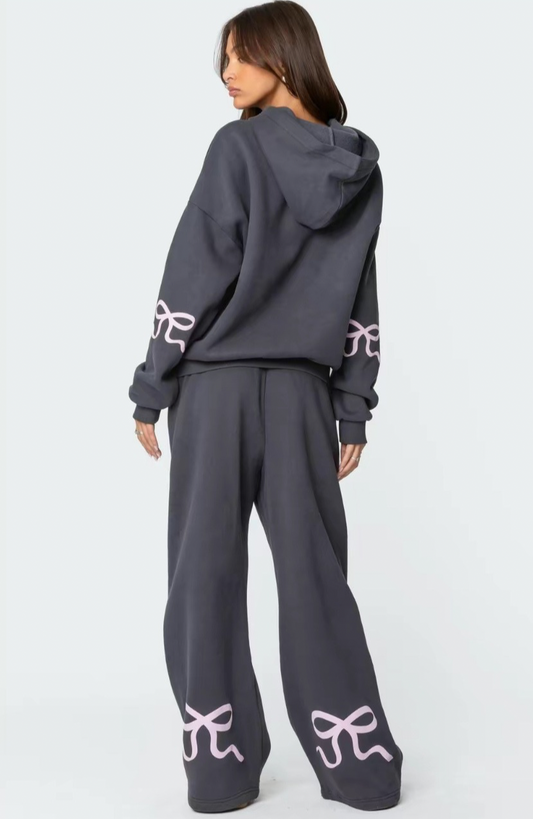 Oversized Hoodie & Wide-Leg Pants Set | Charcoal Gray with Pink Accents | Cozy Loungewear