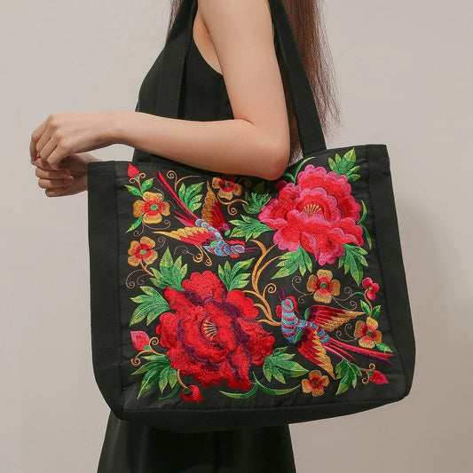 Embroidered Canvas Tote Bag | Floral and Vibrant | Spacious and Artistic