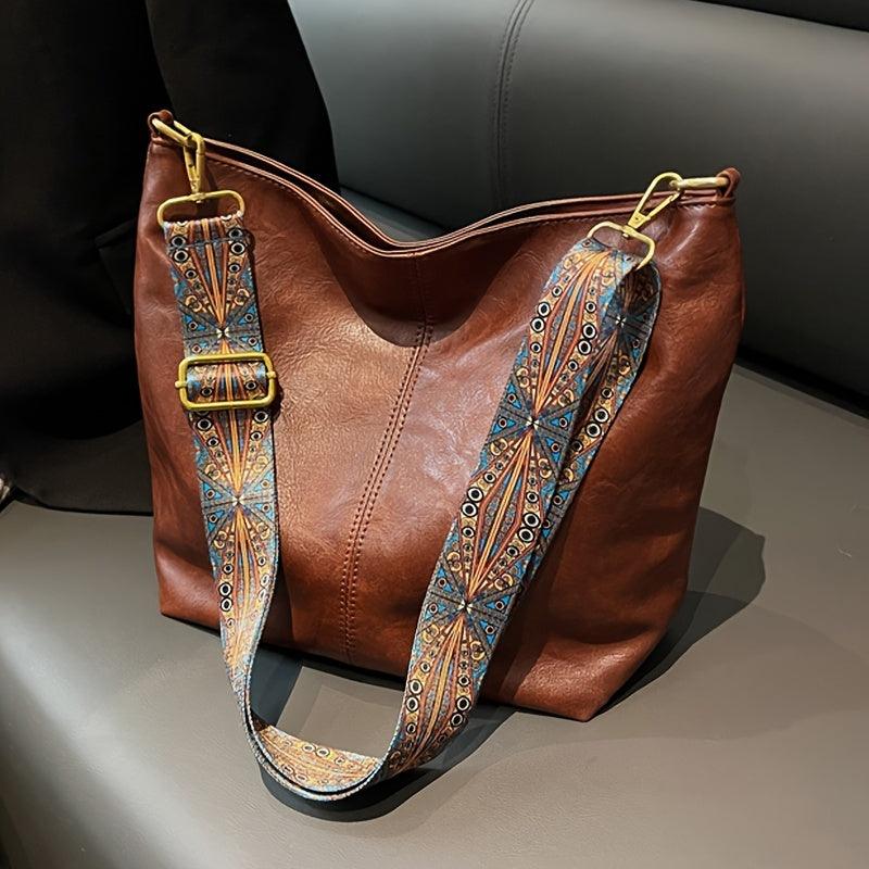 Vintage Faux Leather Shoulder Bag | Stylish and Spacious | Boho Strap Detail