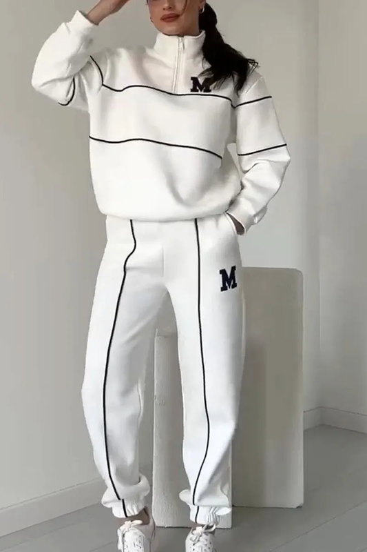 White Sweatshirt and Jogger Set | Sporty Piping Details | Relaxed Fit