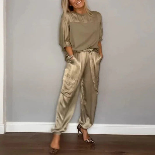 Olive Satin Two-Piece Set | Relaxed Top and Cargo Joggers | Luxurious and Trendy