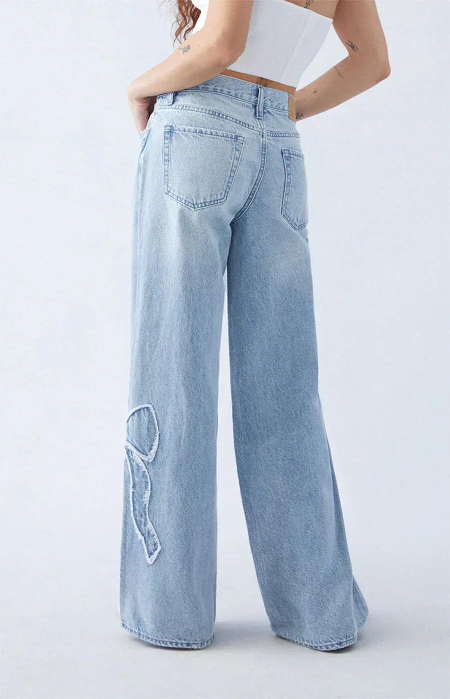 Wide-Leg Bow-Embroidered Jeans | Light-Wash Denim | Feminine and Stylish