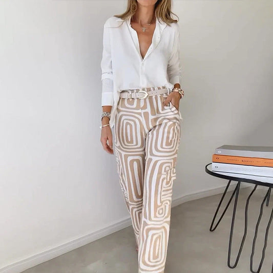 Wide-Leg Patterned Pants | Beige & White | Geometric and Stylish