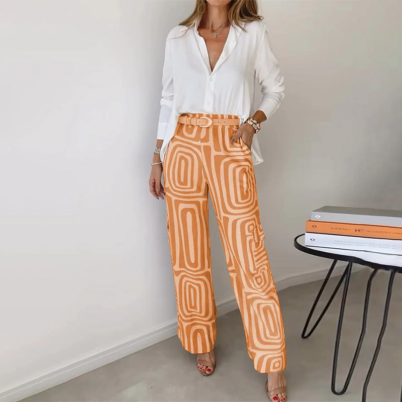 Wide-Leg Patterned Pants | Beige & White | Geometric and Stylish