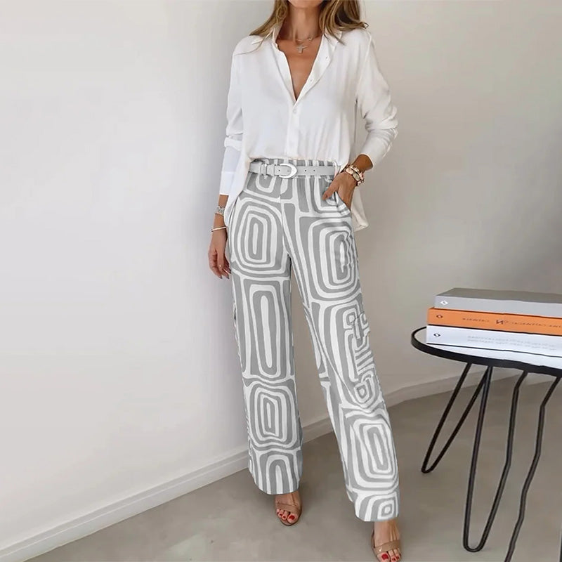 Wide-Leg Patterned Pants | Beige & White | Geometric and Stylish