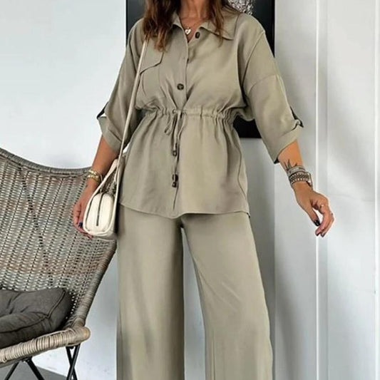 Olive Green Two-Piece Set | Button-Down Blouse & Wide-Leg Pants | Adjustable Fit