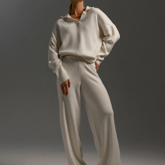 Cream Knit Loungewear Set | Relaxed Fit Pullover & Wide-Leg Pants | Minimalist Style