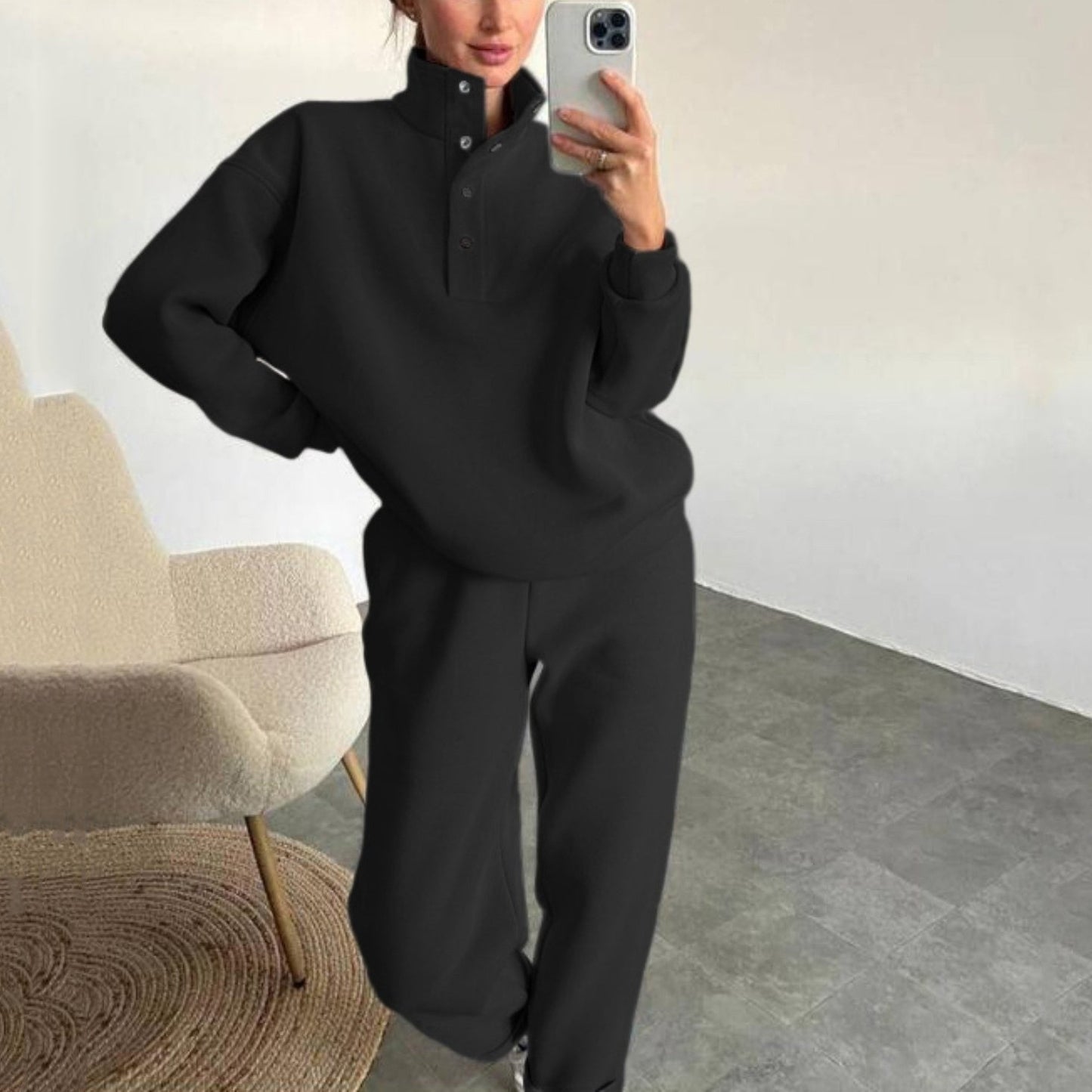 Black Two-Piece Loungewear Set | High-Collar Pullover and Wide-Leg Pants | Cozy and Stylish