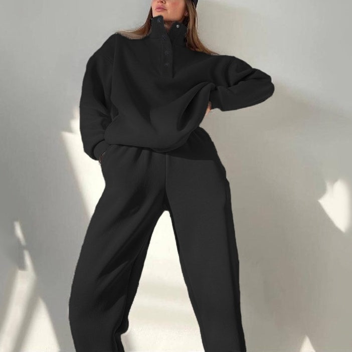 Black Two-Piece Loungewear Set | High-Collar Pullover and Wide-Leg Pants | Cozy and Stylish